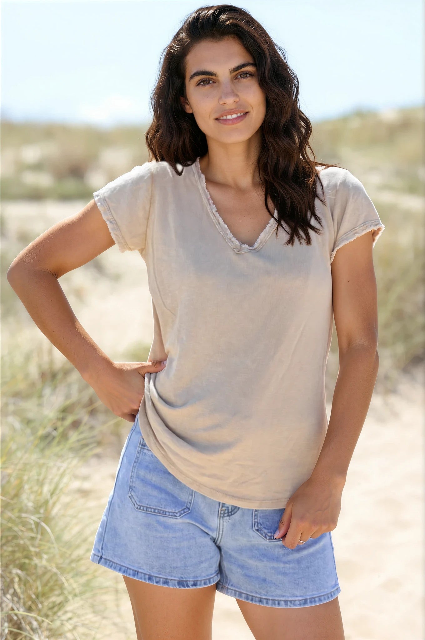 Light Brown Stretch Cotton T-Shirt with Raw Hems