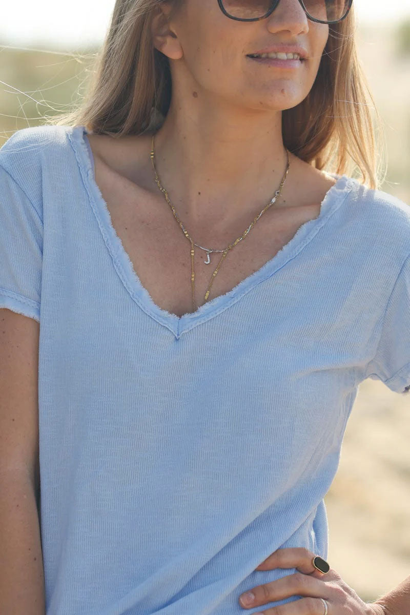 Tshirt coton stretch bleu jean finitions petites franges