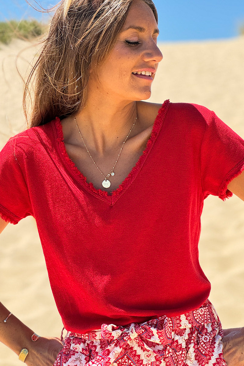 Tshirt coton stretch rouge finitions petites franges