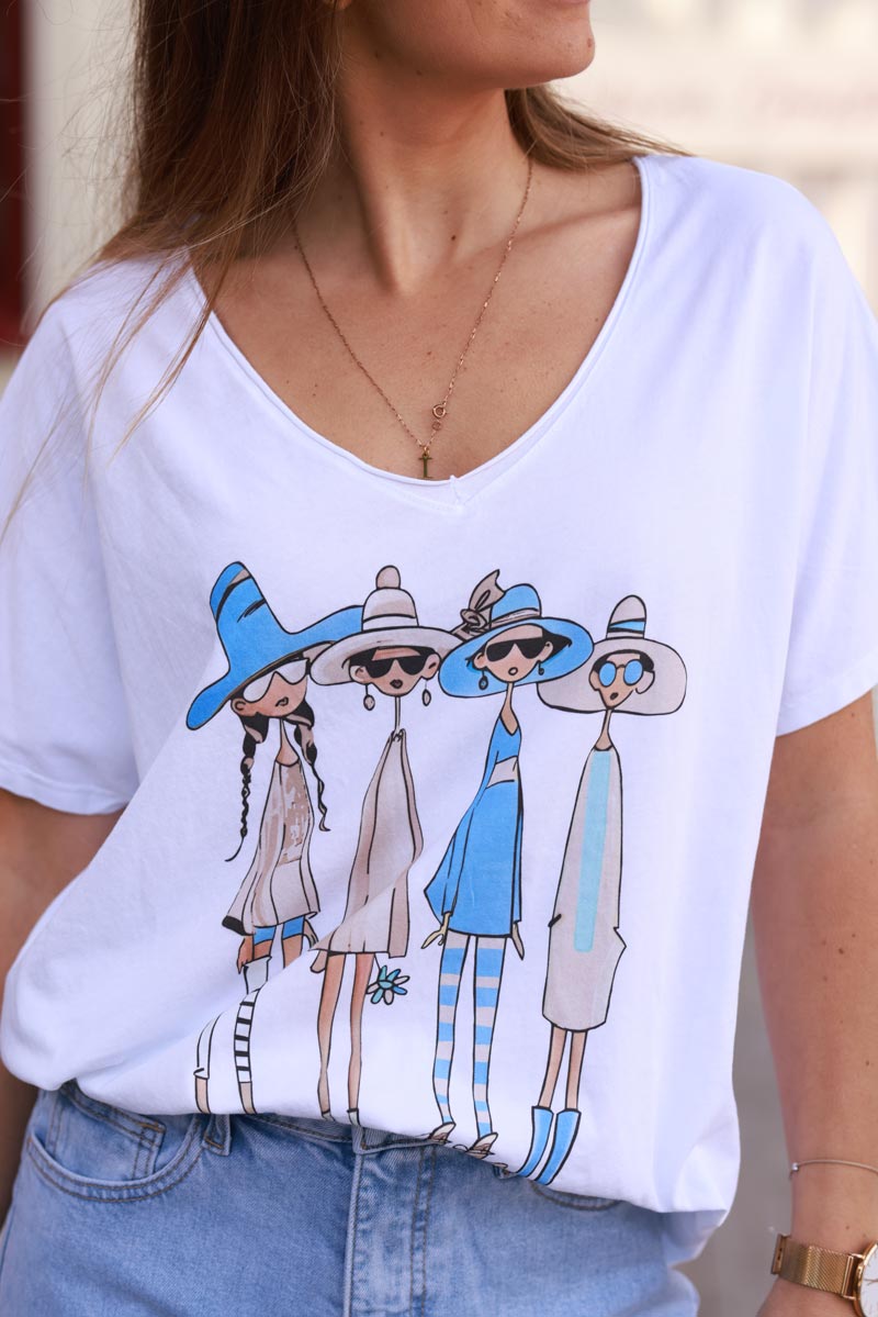 Camiseta holgada de algodón blanco con 4 estampados azules de moda para niñas