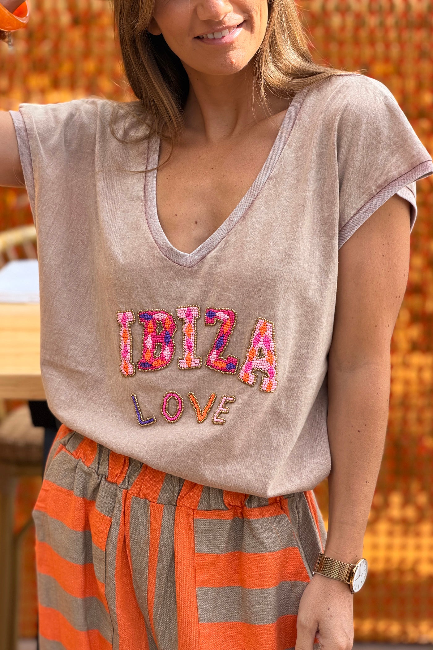 Camel “Ibiza Love” Beaded Vintage Tee