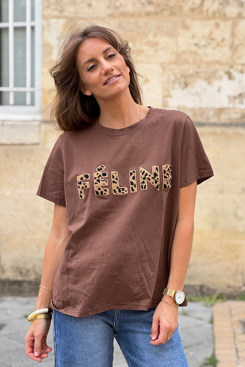 Brown chocolate Feline Applique Cotton Tee