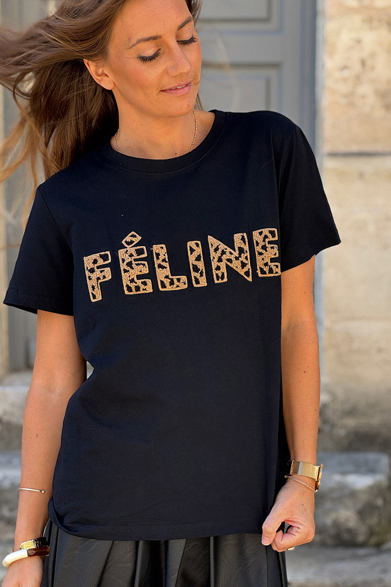 Black Feline Applique Cotton Tee