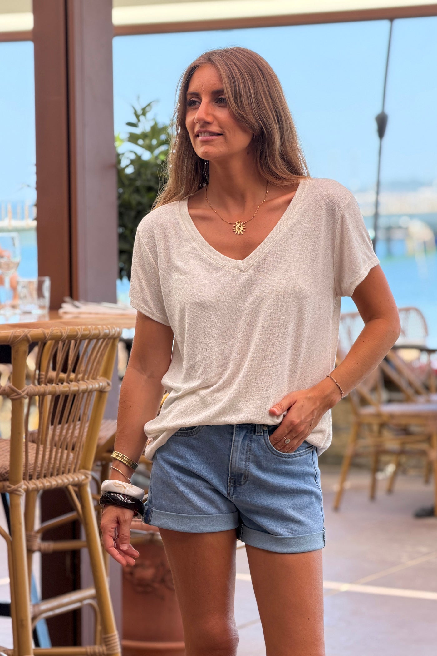 Beige Heathered Viscose Knit V-Neck Top