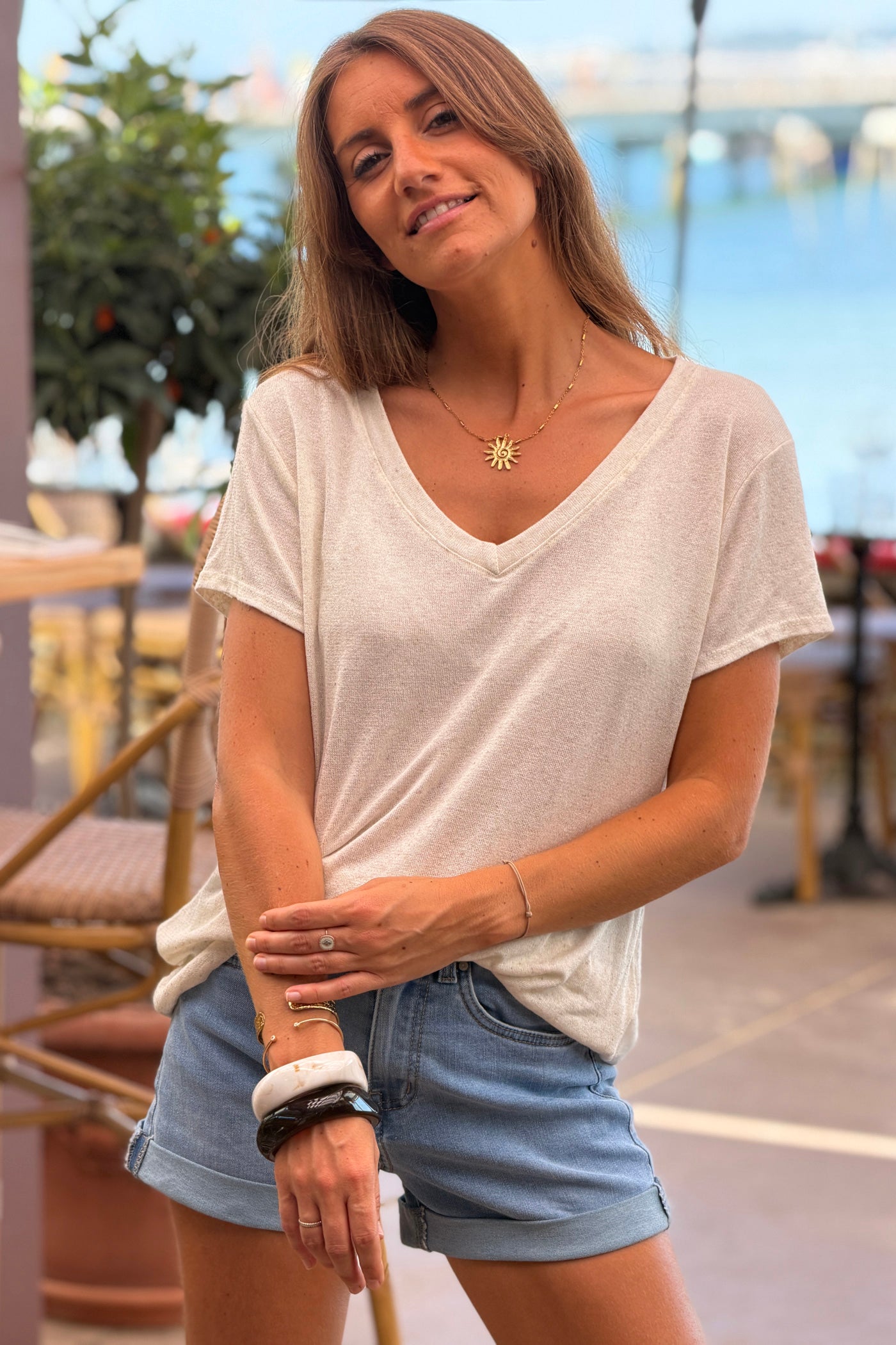 Beige Heathered Viscose Knit V-Neck Top