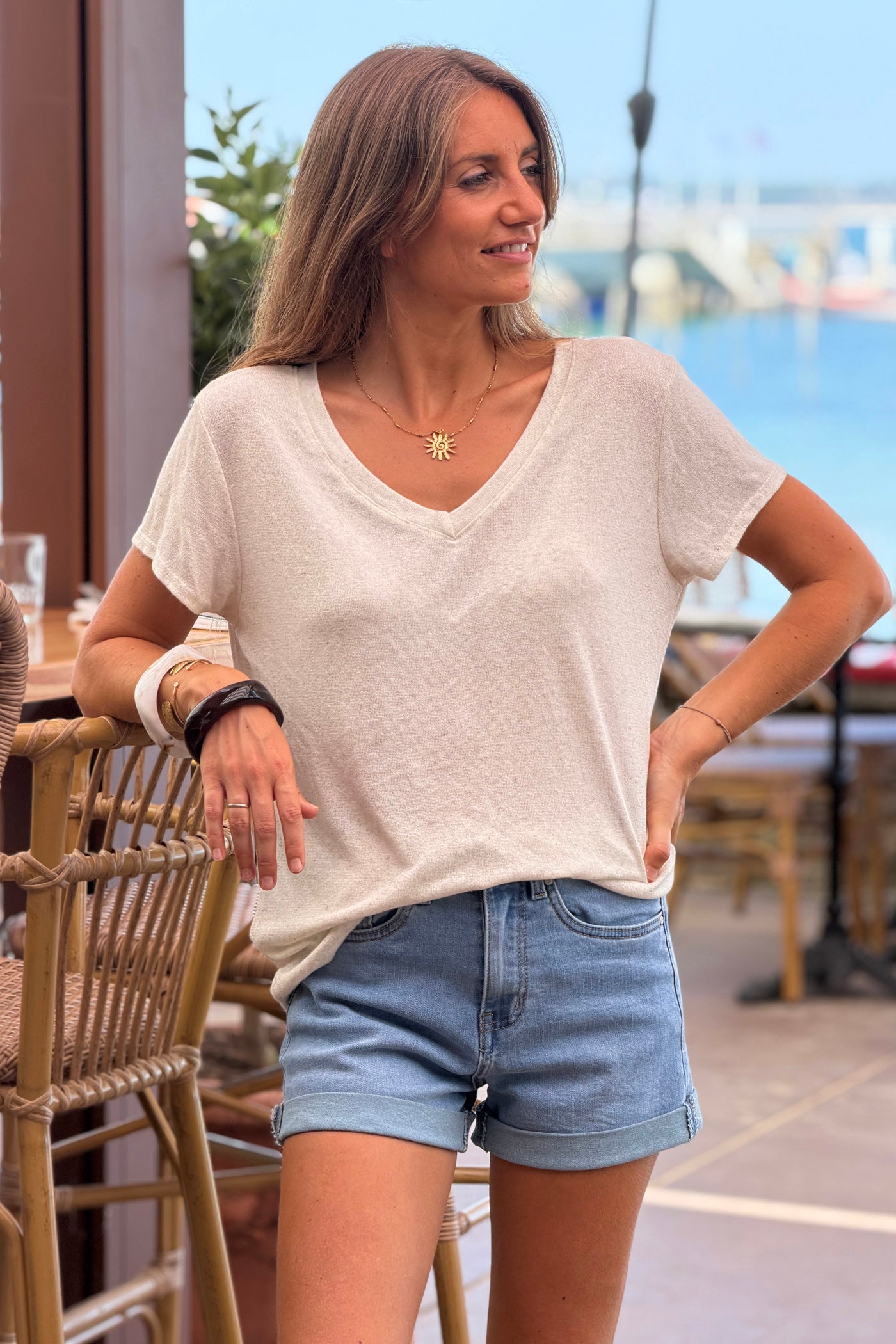 Beige Heathered Viscose Knit V-Neck Top