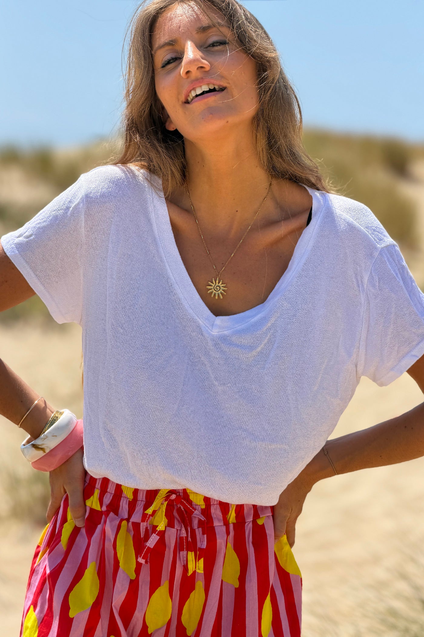 White Heathered Viscose Knit V-Neck Top
