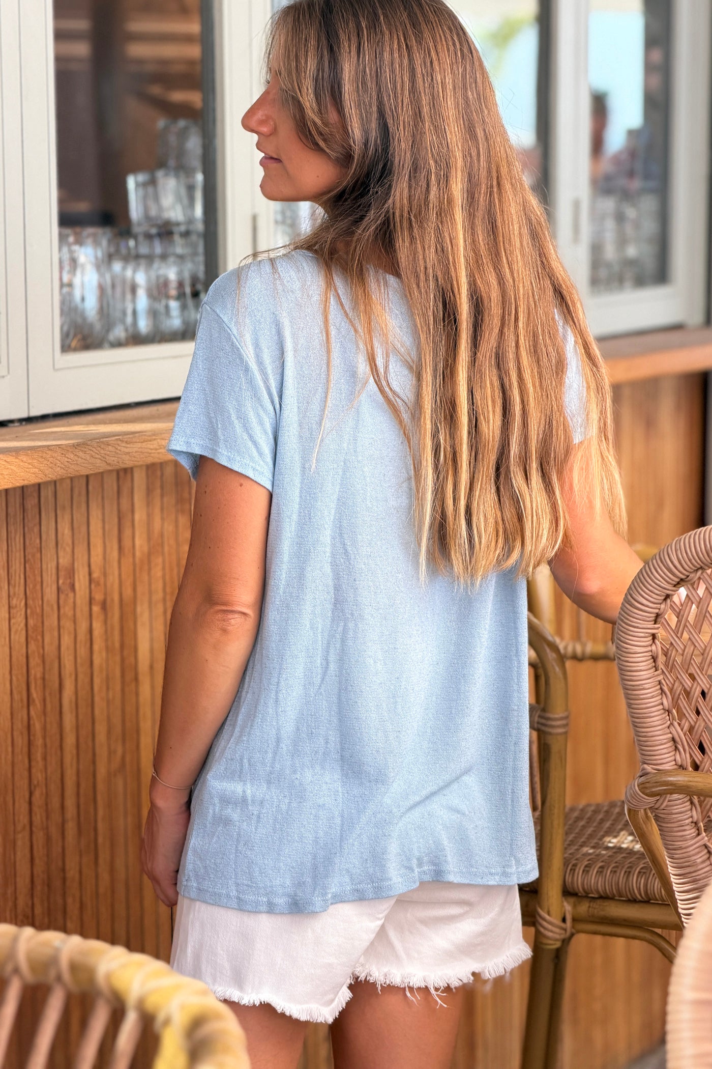 Light Blue Heathered Viscose Knit V-Neck Top