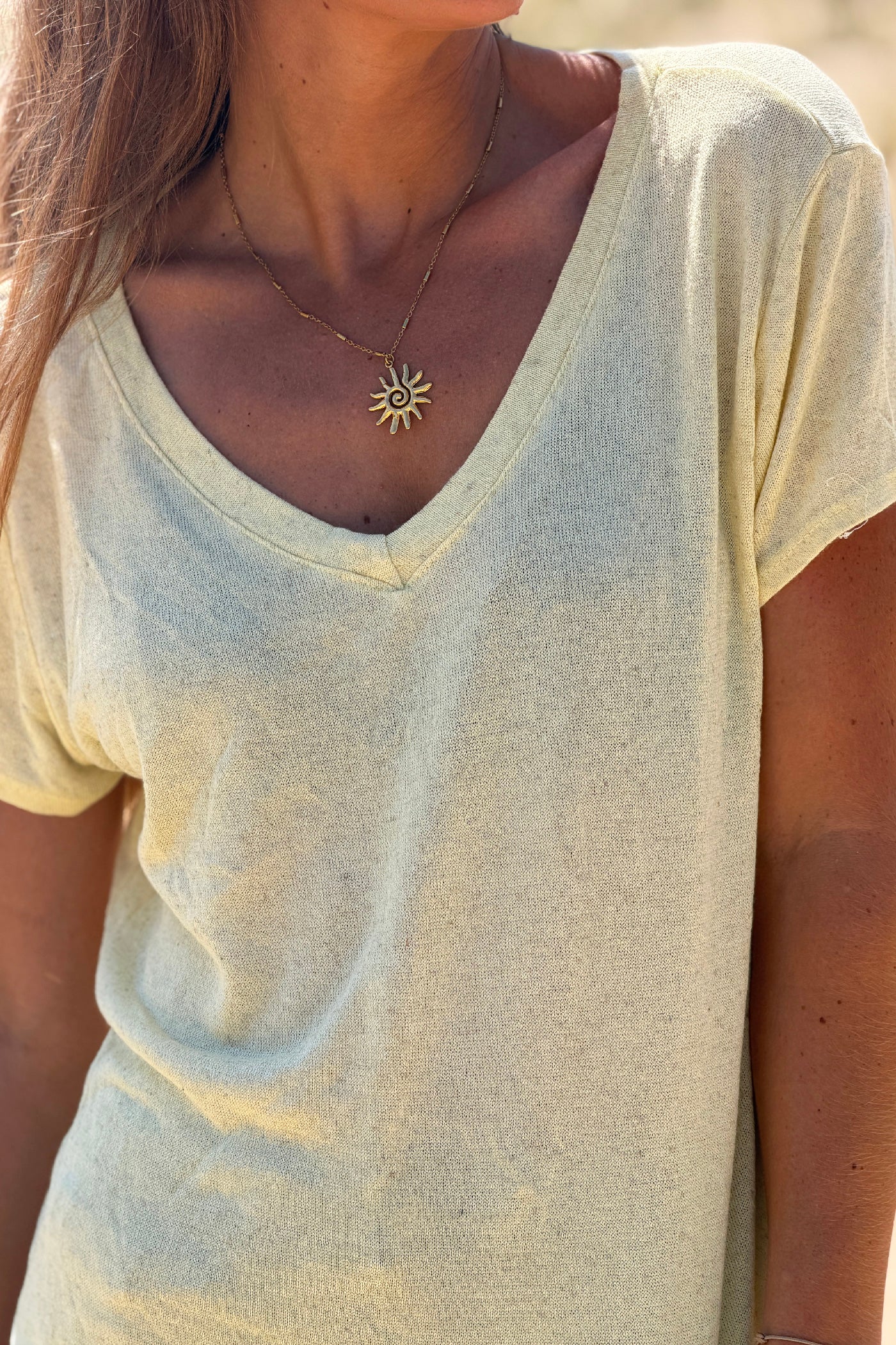 Yellow Heathered Viscose Knit V-Neck Top