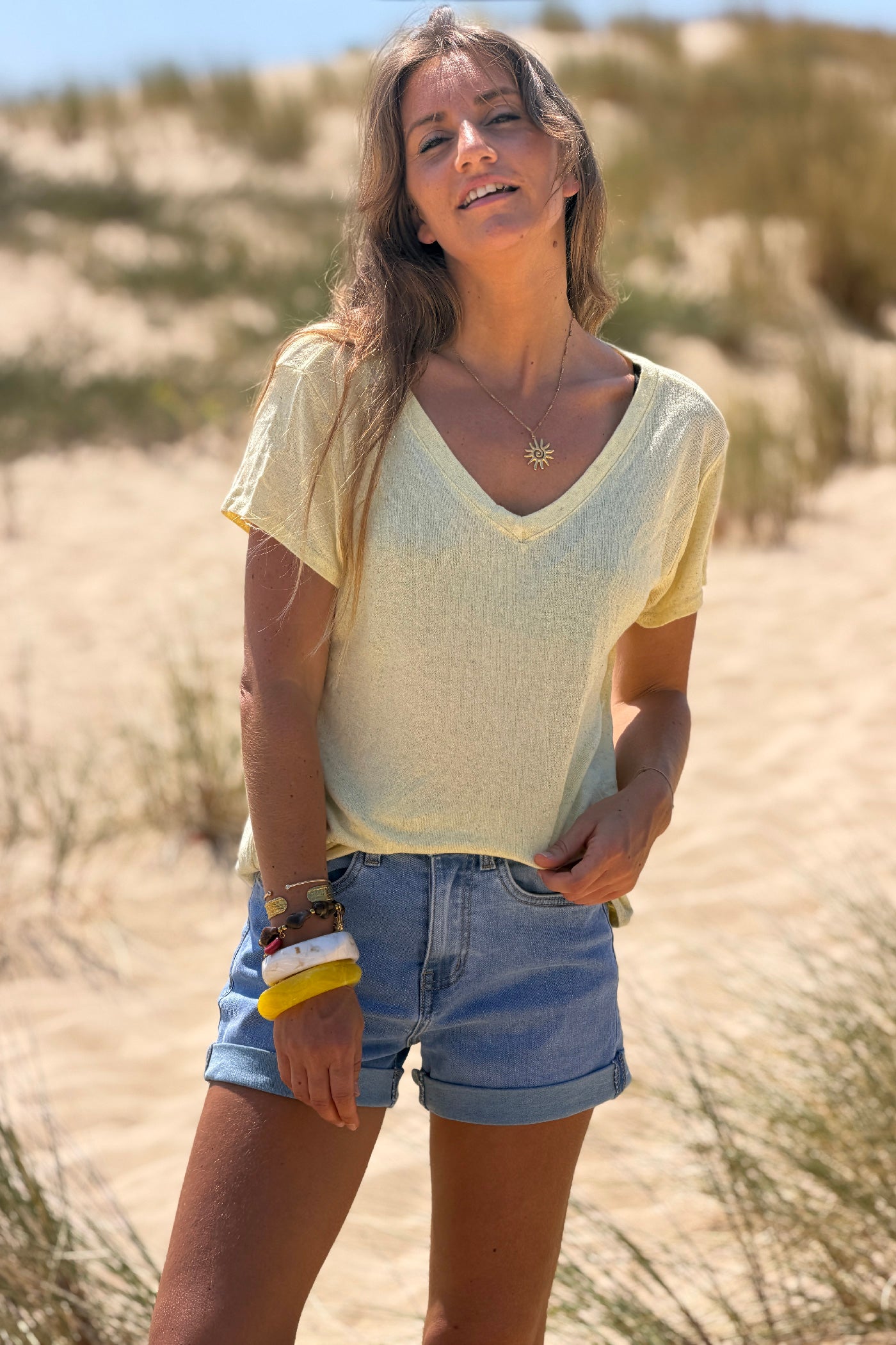Yellow Heathered Viscose Knit V-Neck Top
