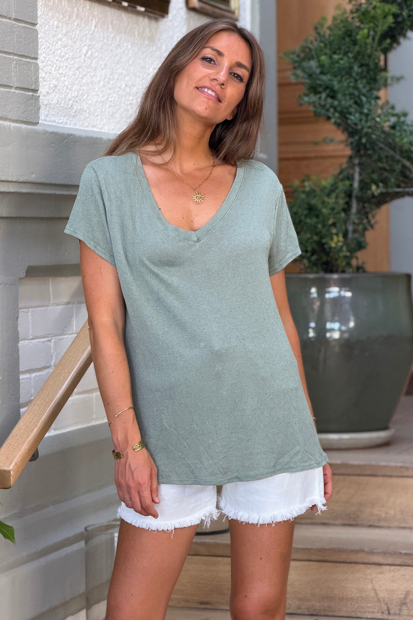 Olive Heathered Viscose Knit V-Neck Top
