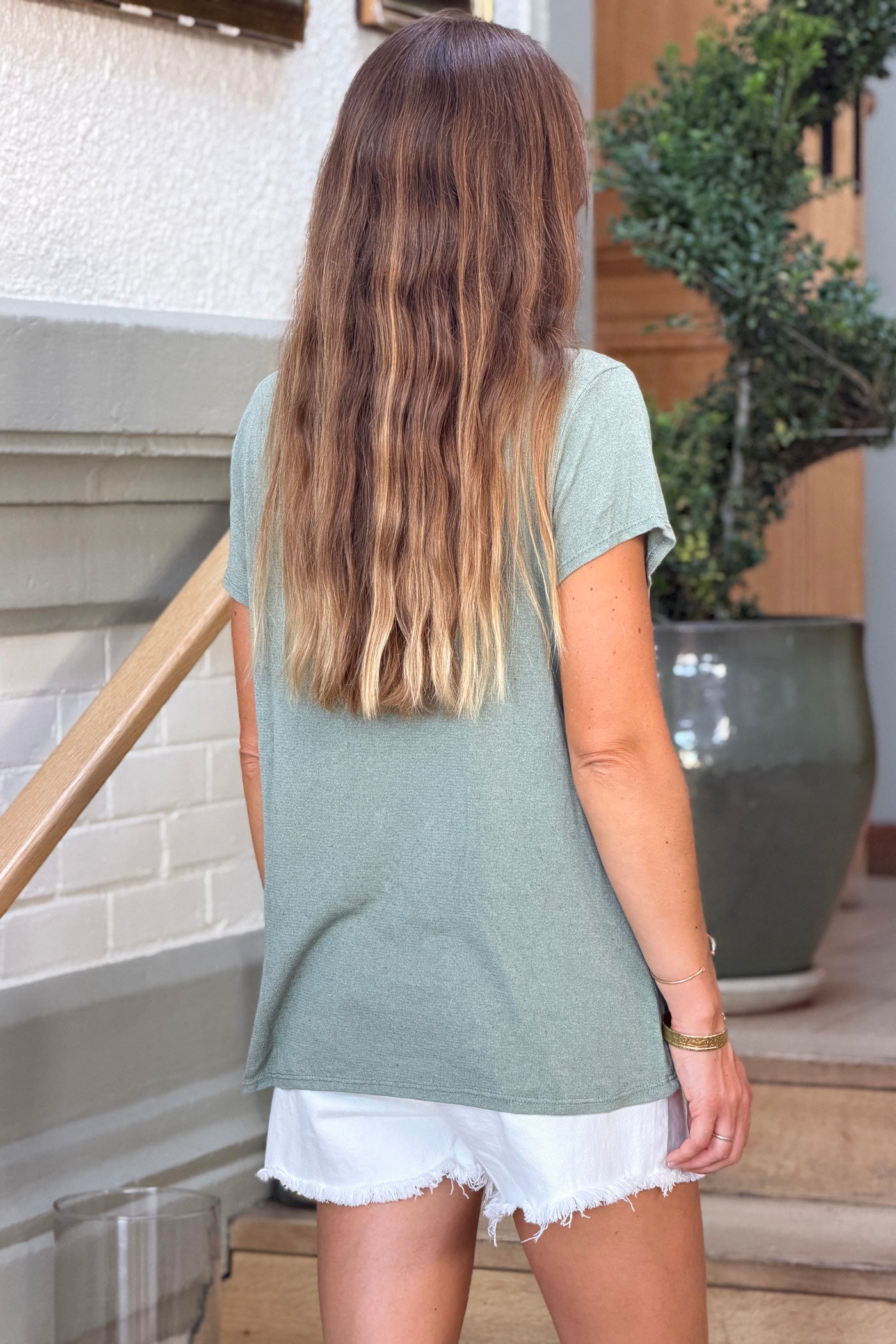 Olive Heathered Viscose Knit V-Neck Top