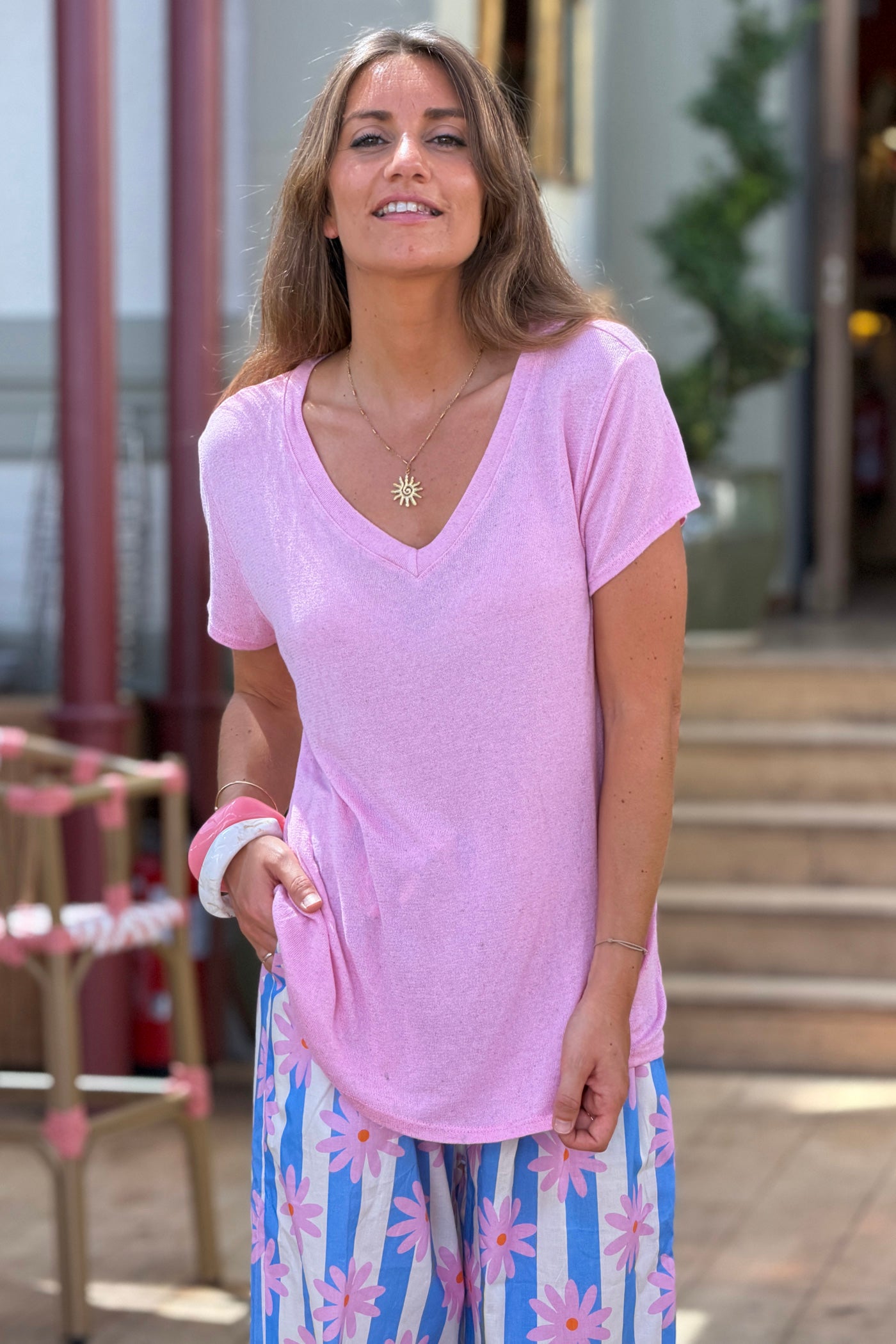 Pink Heathered Viscose Knit V-Neck Top