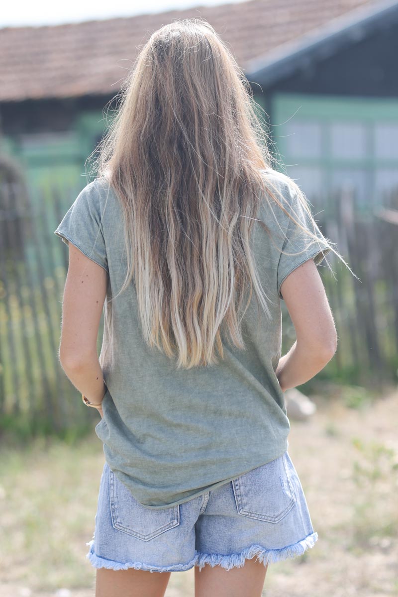 Tshirt kaki coton col v arbre de vie brillant