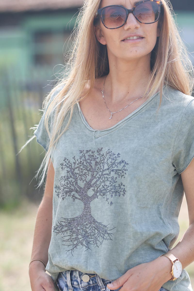 Tshirt kaki coton col v arbre de vie brillant