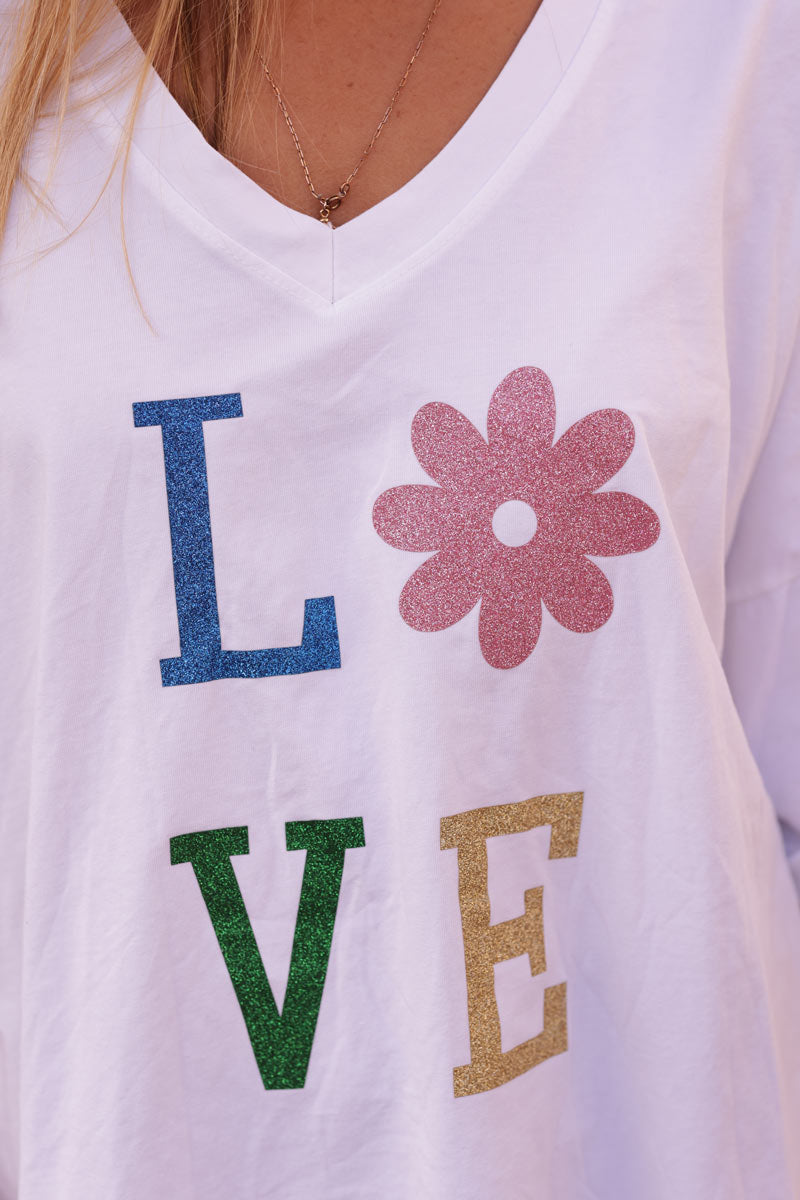 Camiseta grande de algodón blanca con mangas holgadas LOVE flores brillantes