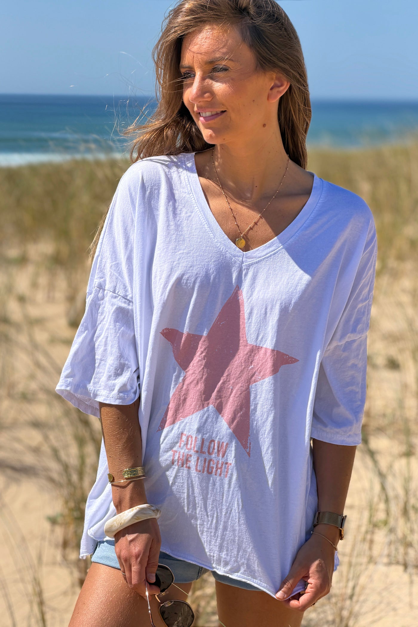 White “Follow the Light” Star Jersey Knit Top
