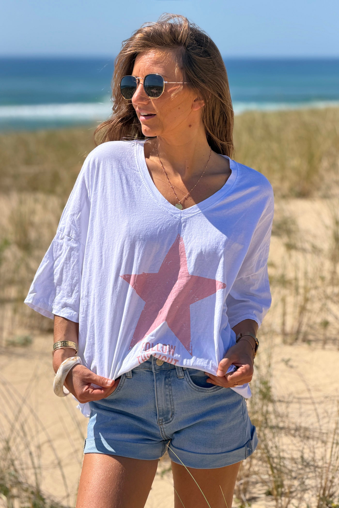 White “Follow the Light” Star Jersey Knit Top