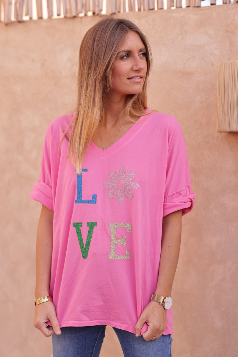 Fuchsia relaxed fit t-shirt with LOVE and flower in glitter print