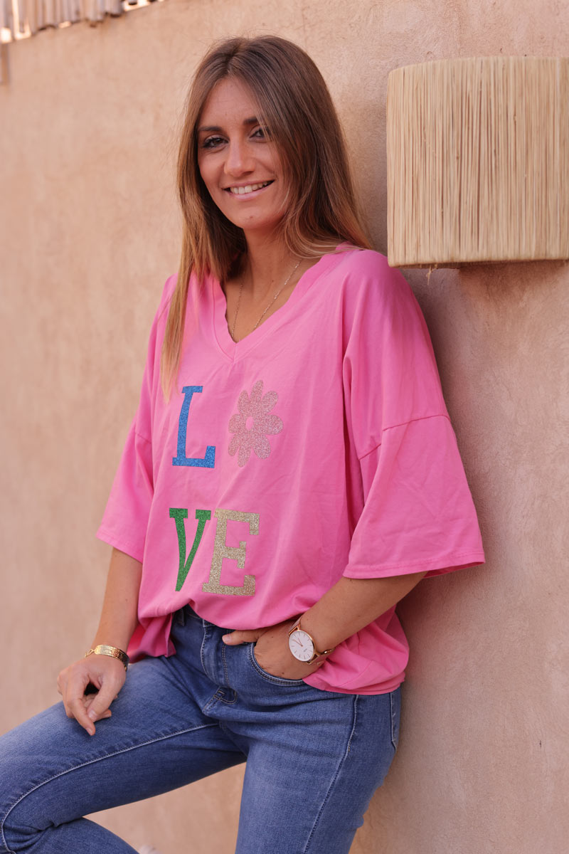 Fuchsia relaxed fit t-shirt with LOVE and flower in glitter print
