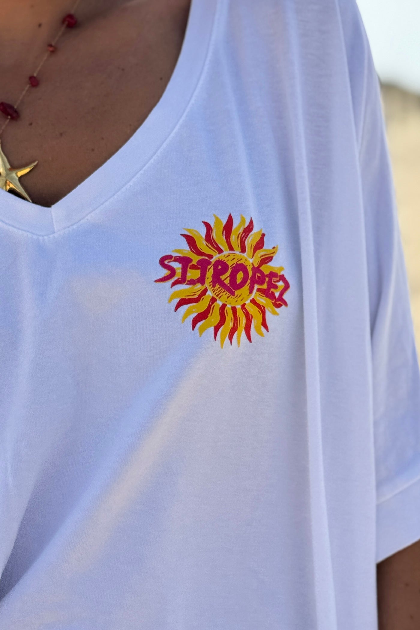 Tshirt loose oversize et stretch blanc motif Soleil St tropez