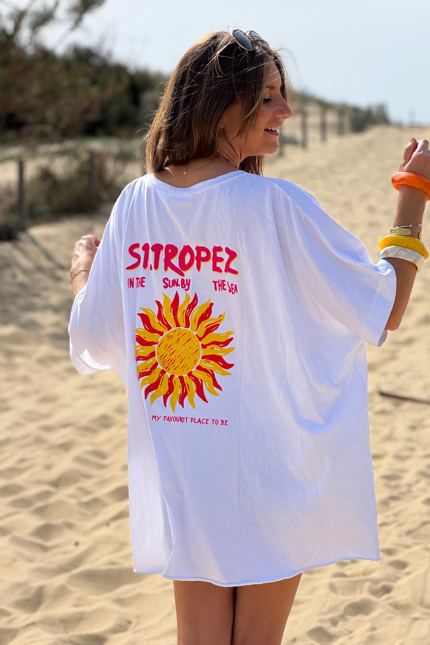 Tshirt loose oversize et stretch blanc motif Soleil St tropez