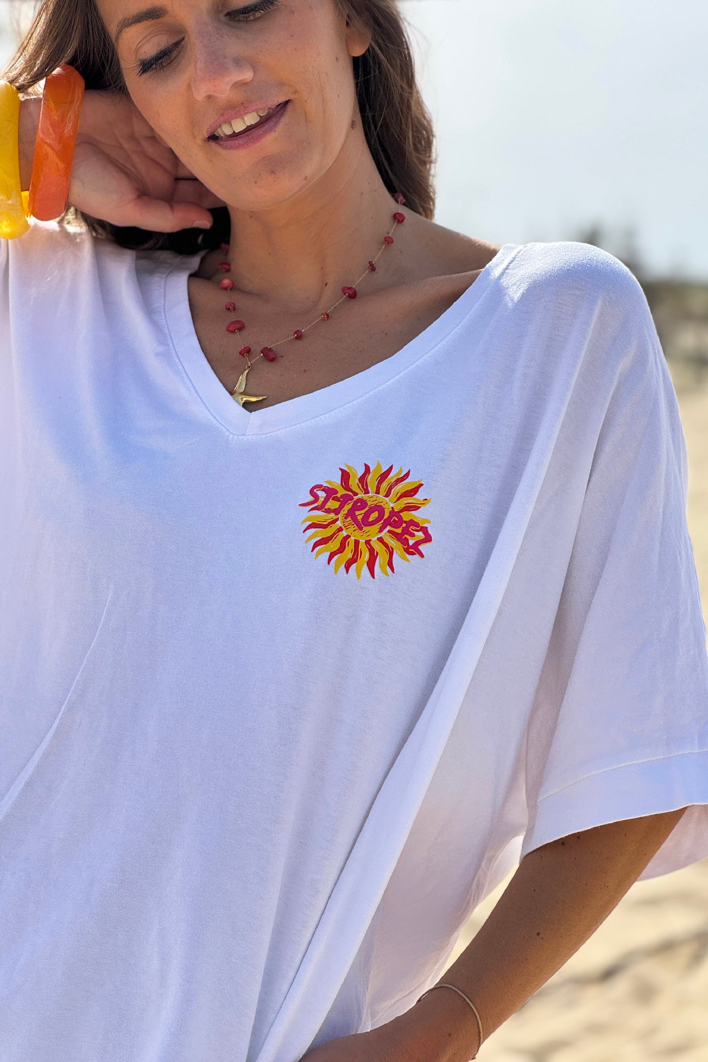 Tshirt loose oversize et stretch blanc motif Soleil St tropez