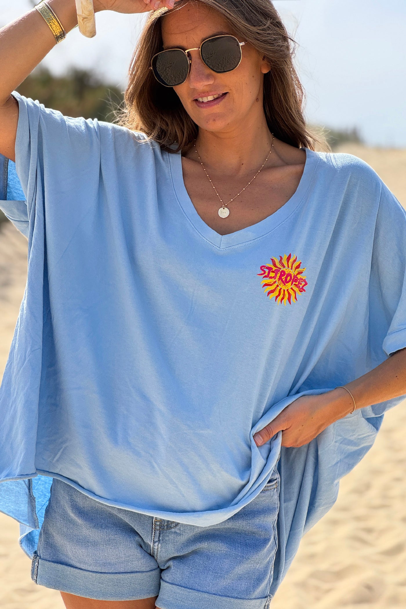 Tshirt loose oversize et stretch bleu motif Soleil St tropez