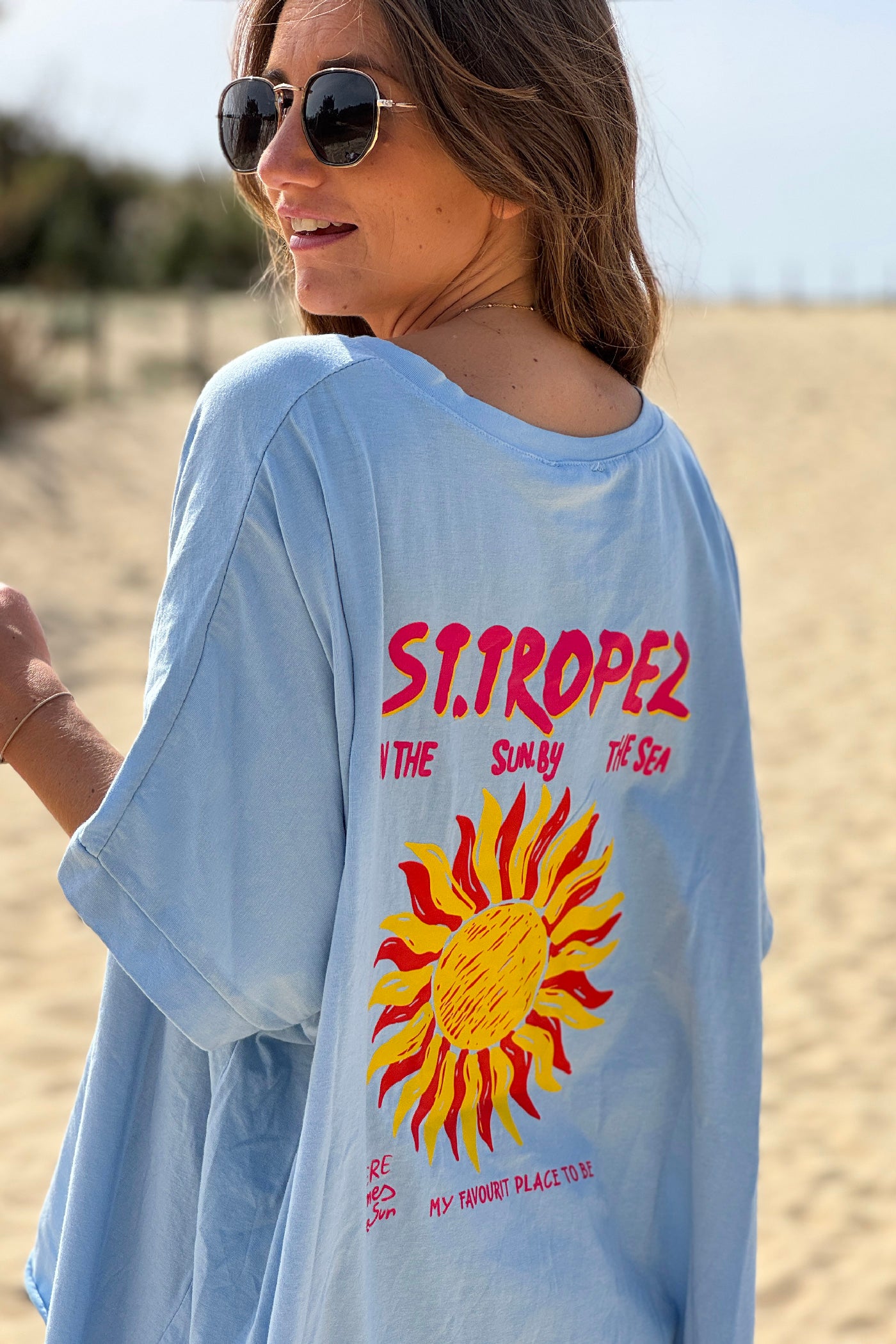 Tshirt loose oversize et stretch bleu motif Soleil St tropez
