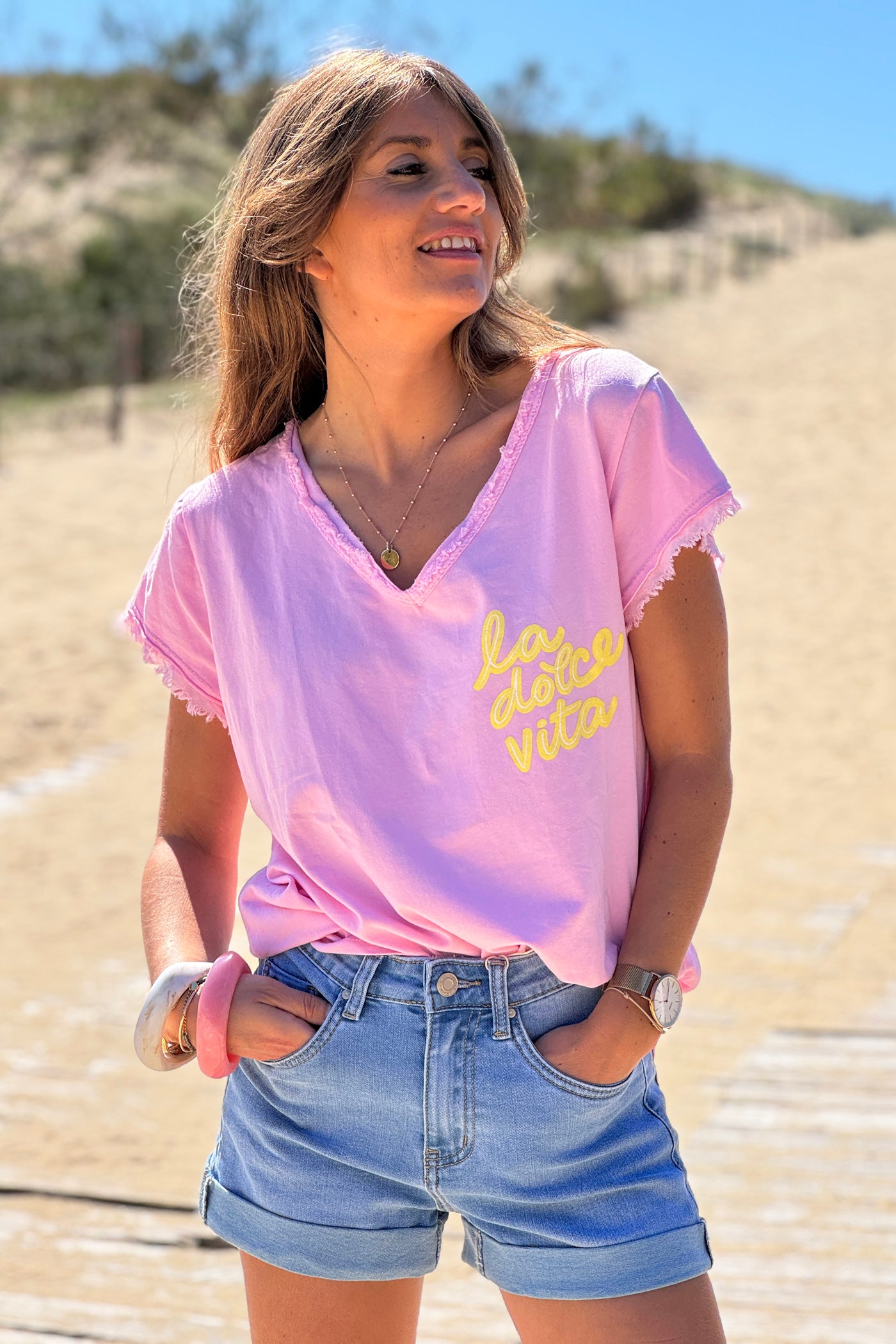 Pink La Dolce Vita Raw Hem Tee