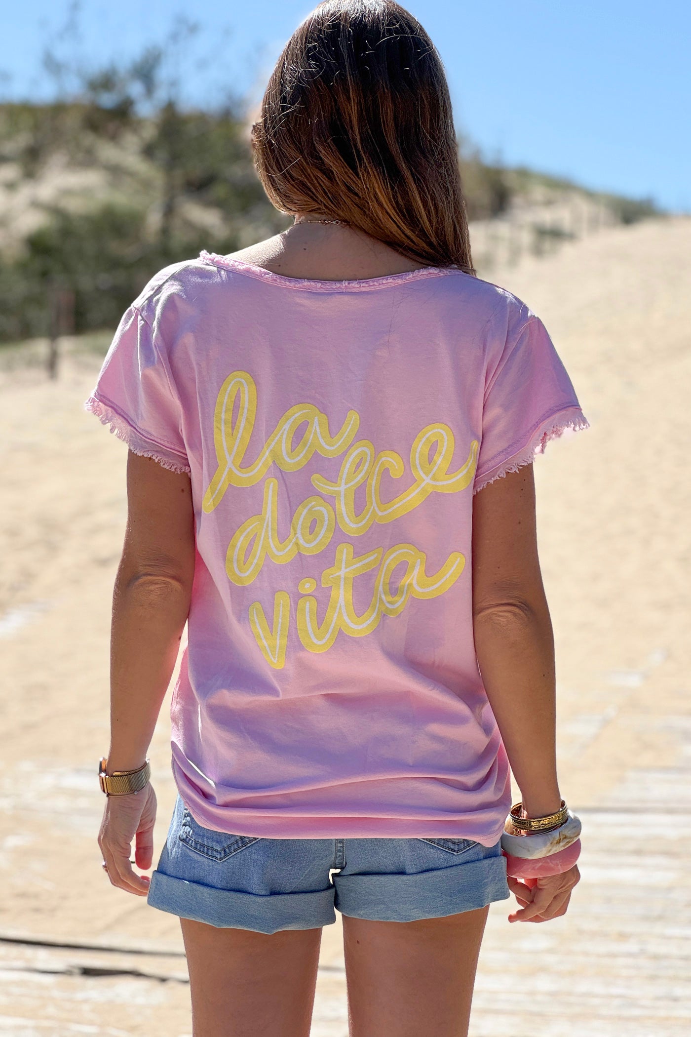Pink La Dolce Vita Raw Hem Tee