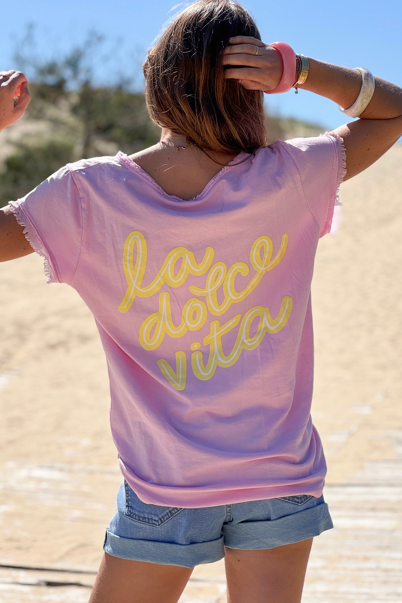 Pink La Dolce Vita Raw Hem Tee