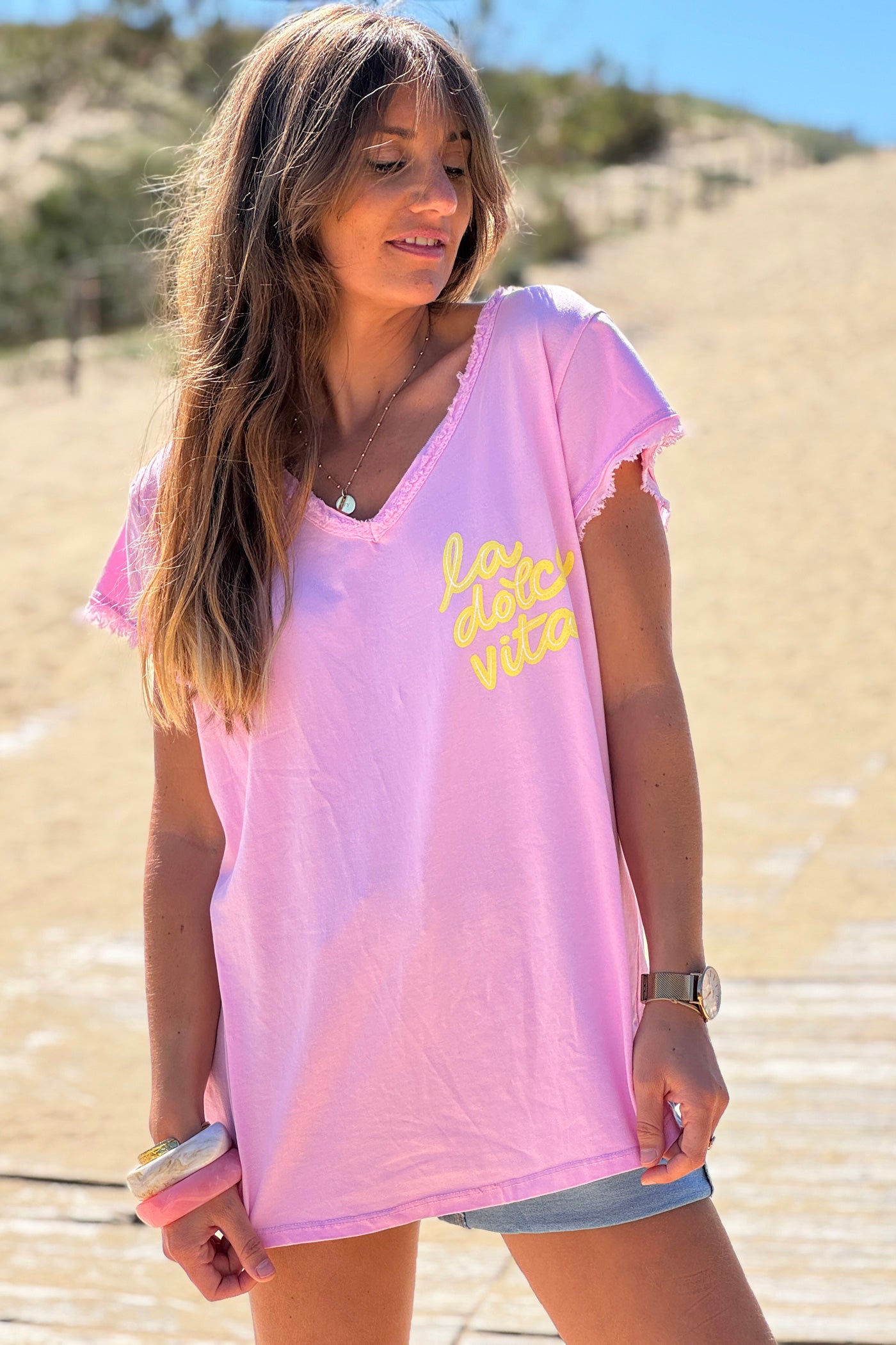 Pink La Dolce Vita Raw Hem Tee