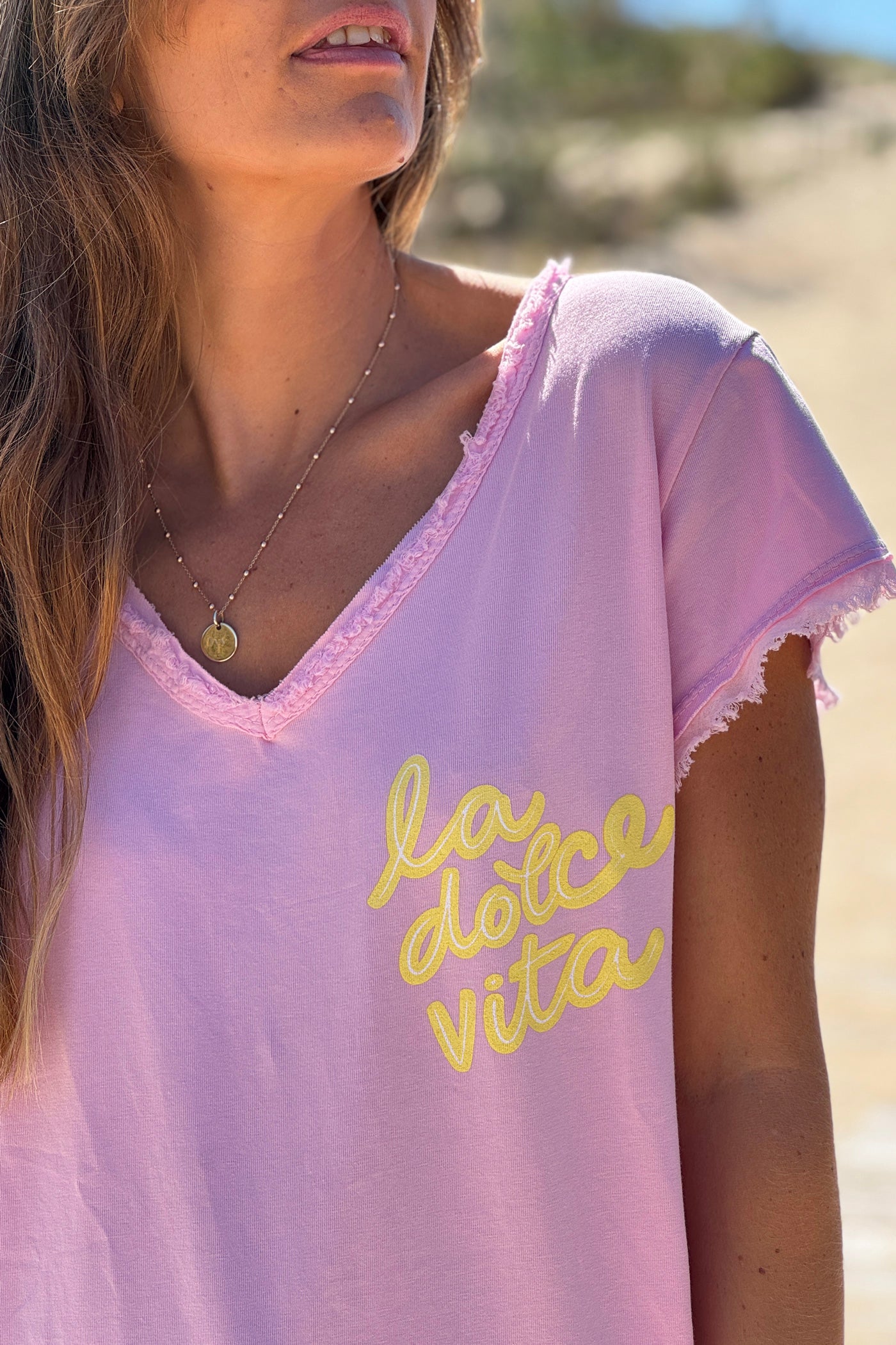 Pink La Dolce Vita Raw Hem Tee
