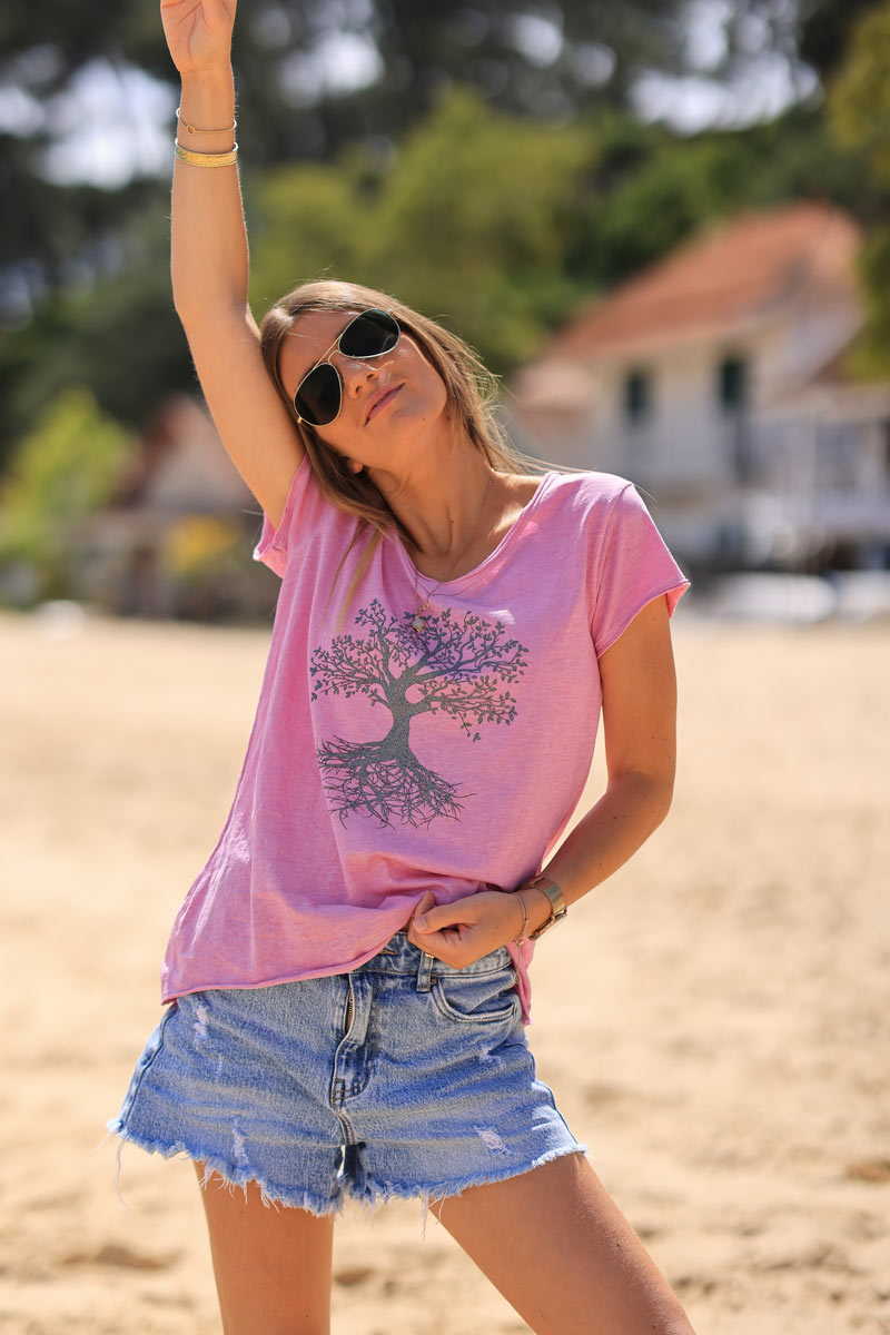 T-shirt rose coton col v arbre de vie brillant