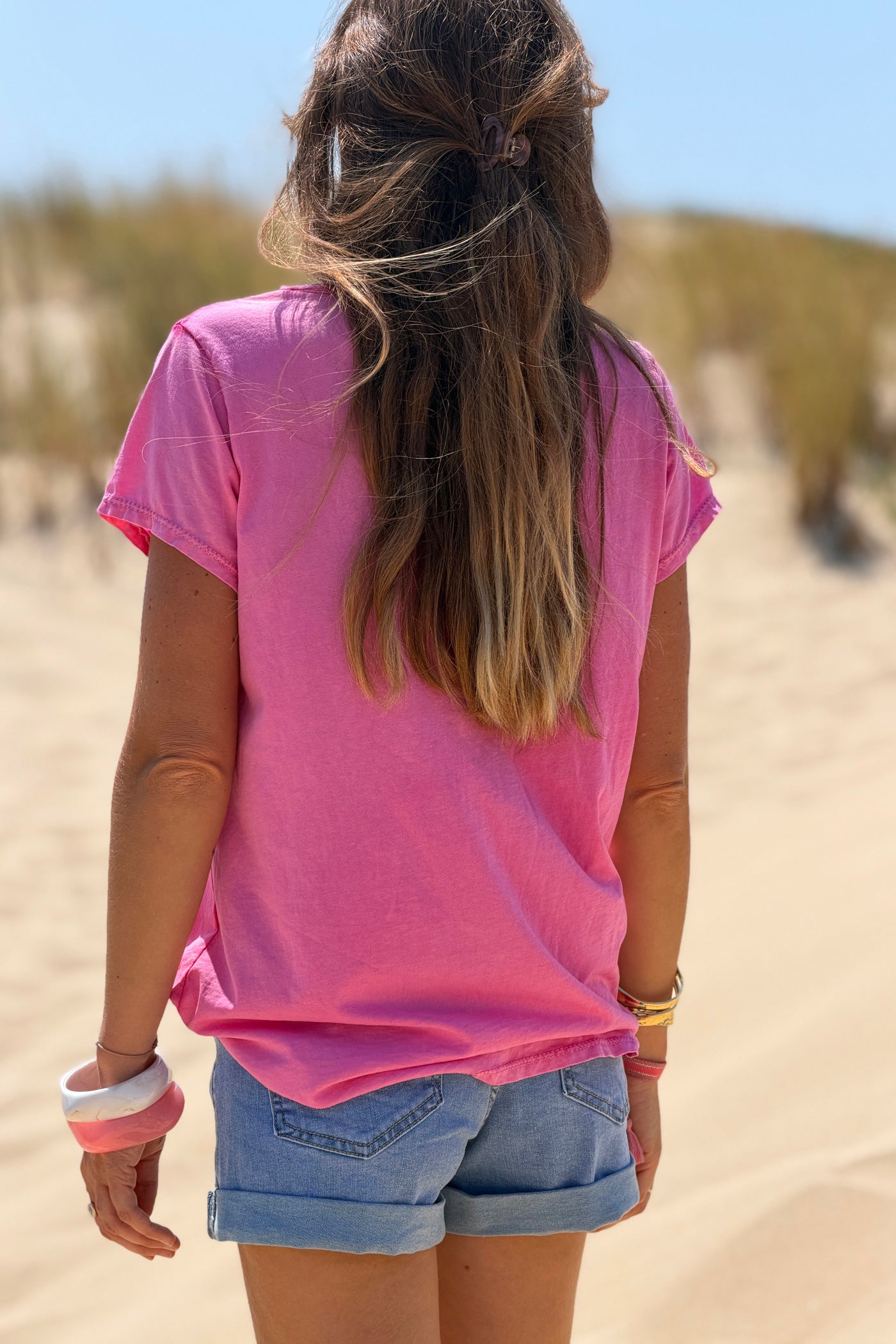 Tshirt fuchsia délavé coton col v franges trio poissons bouclettes