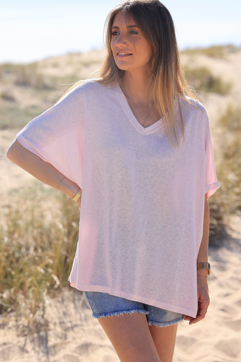 Camiseta rosa pálido suave, ancha y holgada, mangas cortas de murciélago