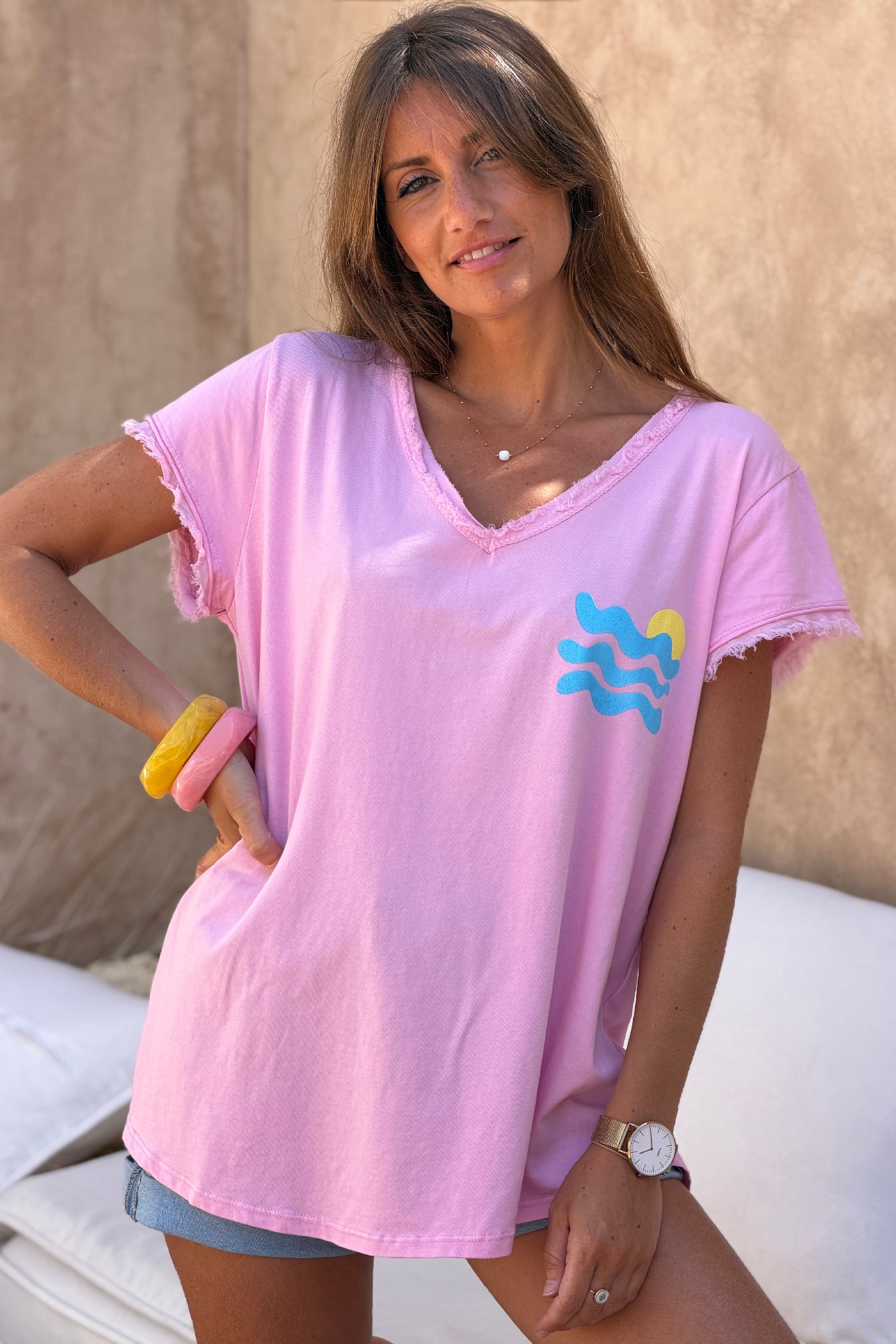 Tshirt rose stretch et large vague et Cote d'Azur détail franges