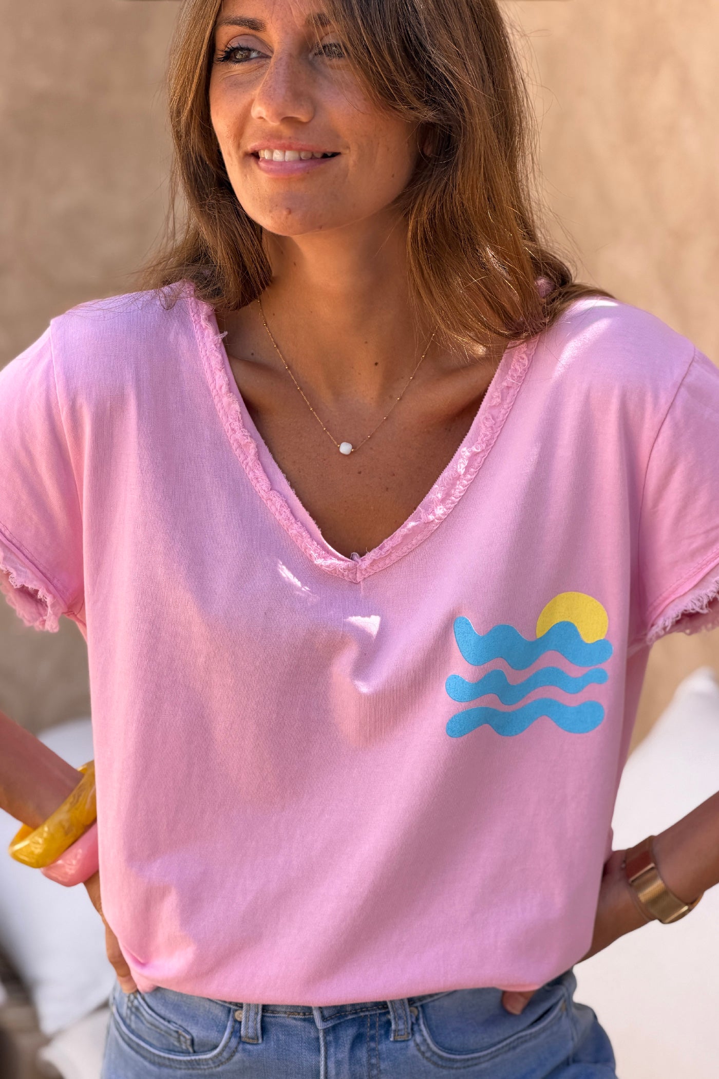 Tshirt rose stretch et large vague et Cote d'Azur détail franges