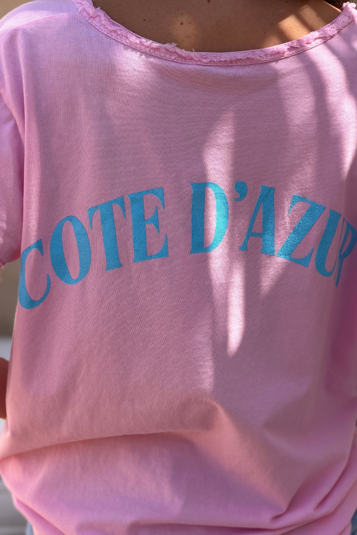 Tshirt rose stretch et large vague et Cote d'Azur détail franges