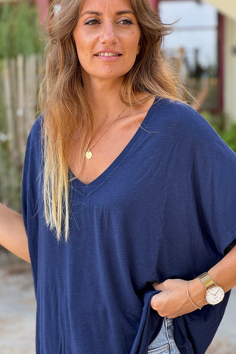 Tshirt stretch souple et large bleu marine chiné col v manches chauve souris