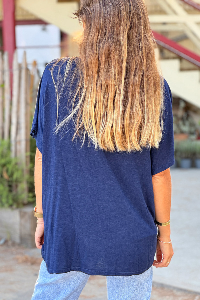 Tshirt stretch souple et large bleu marine chiné col v manches chauve souris