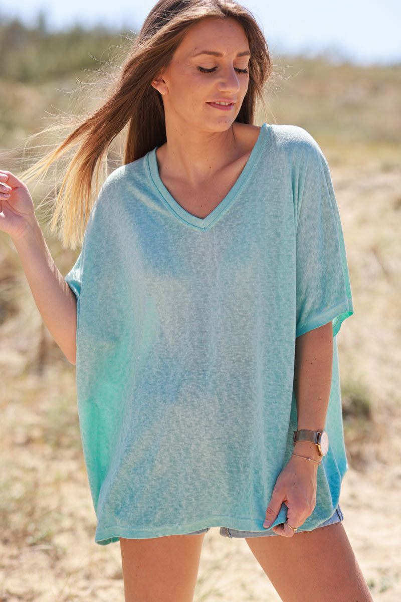 T-shirt turquoise délavé souple large et loose manches courtes chauve souris