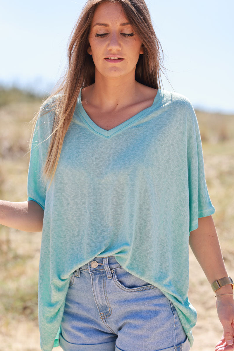 T-shirt turquoise délavé souple large et loose manches courtes chauve souris
