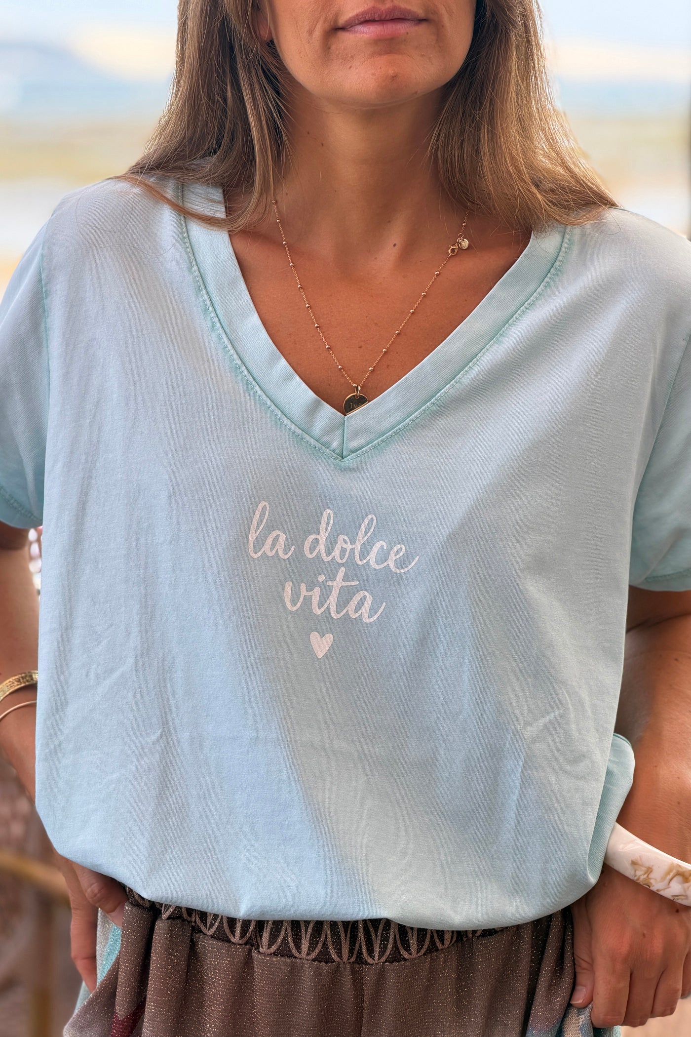 Light Green “La Dolce Vita” V-Neck Tee