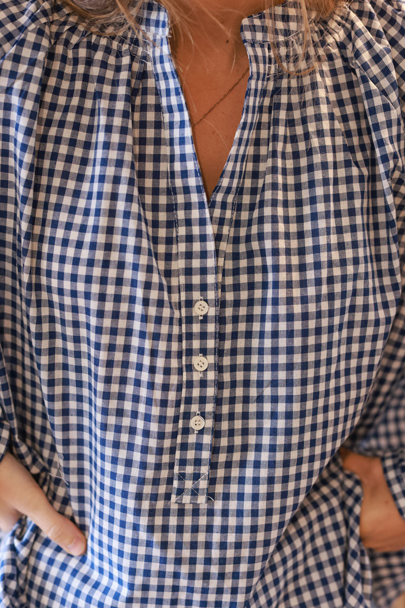Blue Gingham Cotton Peasant Blouse