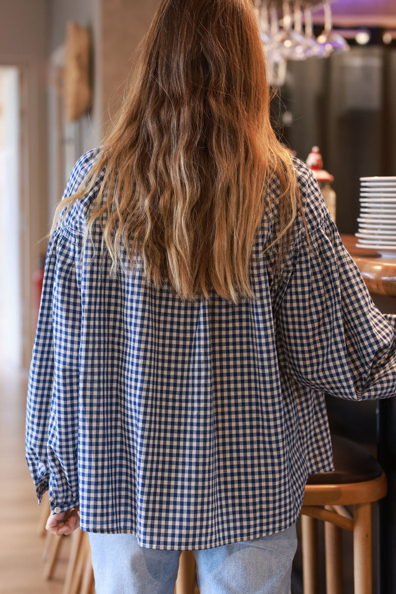 Blue Gingham Cotton Peasant Blouse