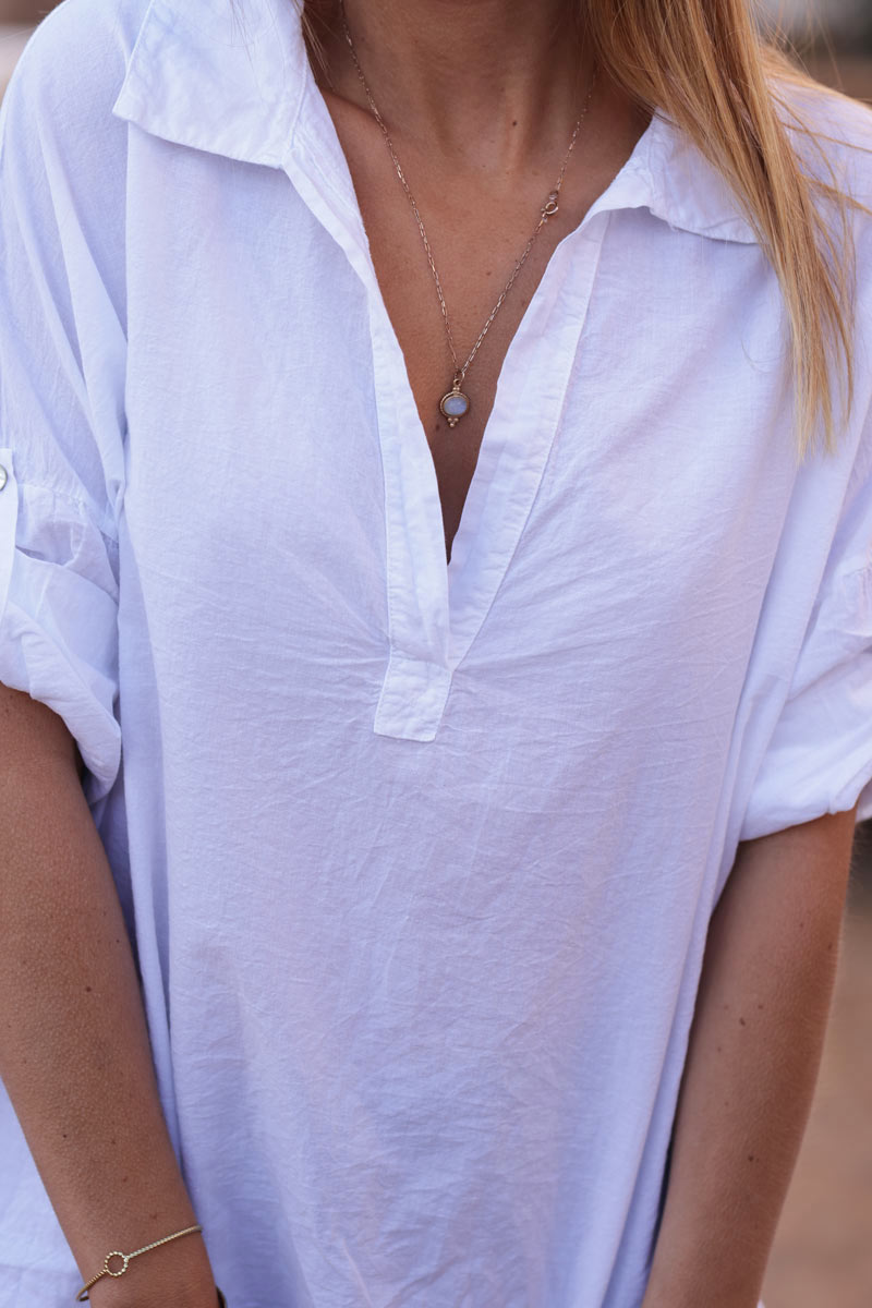 White turn up sleeve flowing cotton blouse with shirt collar