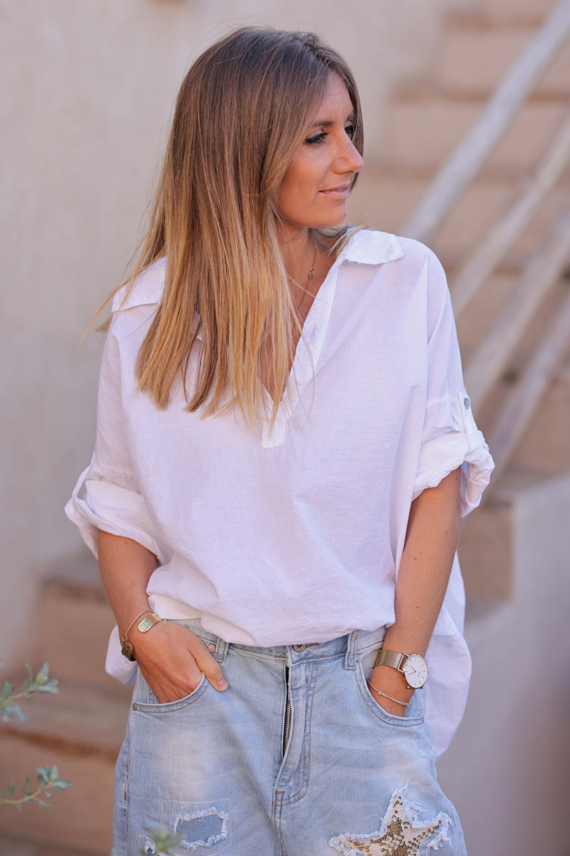 White turn up sleeve flowing cotton blouse with shirt collar