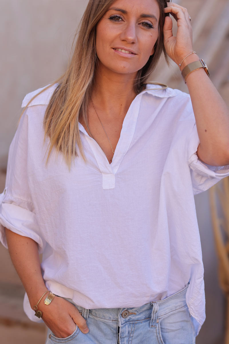 White turn up sleeve flowing cotton blouse with shirt collar